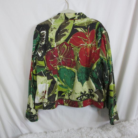 Chico's Holiday Floral Shirt Jacket Christmas Red Green Blazer Size 2 Large - Picture 9 of 11
